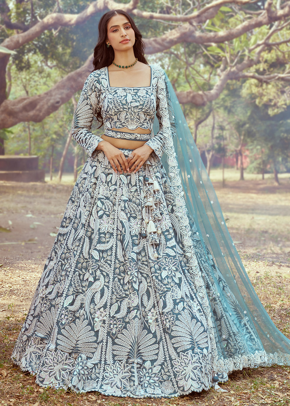 Buy Now Teal Satin Sequins Embroidered Designer Lehenga Choli Online in USA, UK, Canada, UAE, France, Germany & Worldwide at Empress Clothing. 