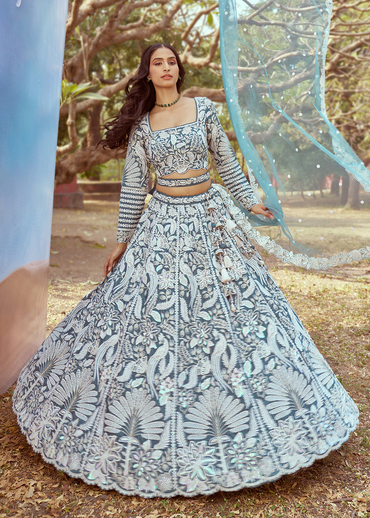 Buy Now Teal Satin Sequins Embroidered Designer Lehenga Choli Online in USA, UK, Canada, UAE, France, Germany & Worldwide at Empress Clothing. 