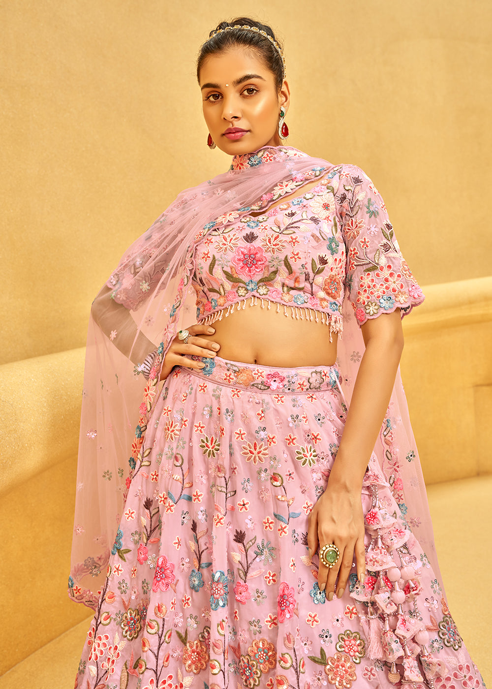 Buy Now Zarkan & Sequins Embroidered Pink Designer Lehenga Choli Online in USA, UK, Canada, UAE, France, Germany & Worldwide at Empress Clothing. 