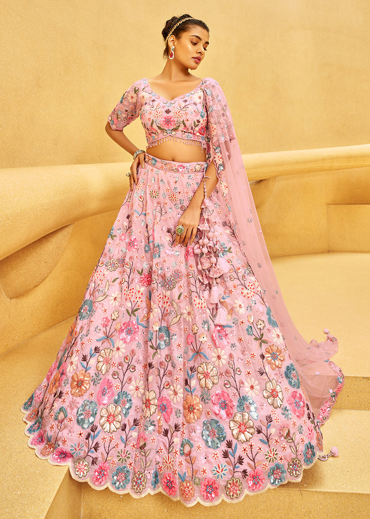 Buy Now Zarkan & Sequins Embroidered Pink Designer Lehenga Choli Online in USA, UK, Canada, UAE, France, Germany & Worldwide at Empress Clothing. 