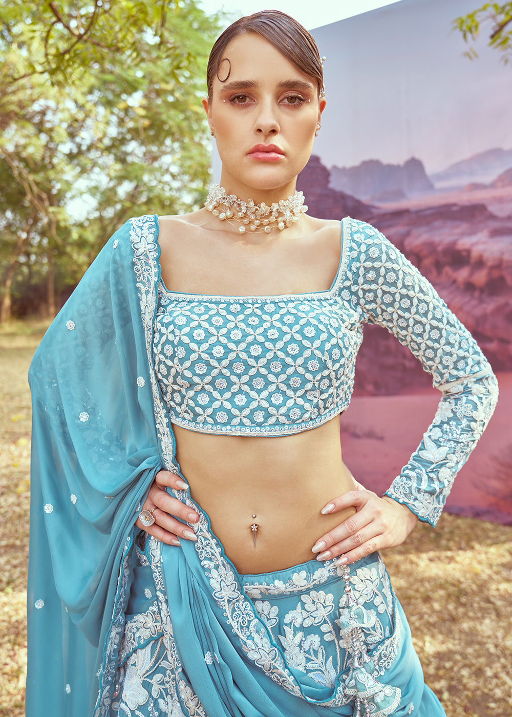 Buy Now Wedding Turquoise Georgette Embroidered Designer Lehenga Choli Online in USA, UK, Canada, France, & Worldwide at Empress Clothing.