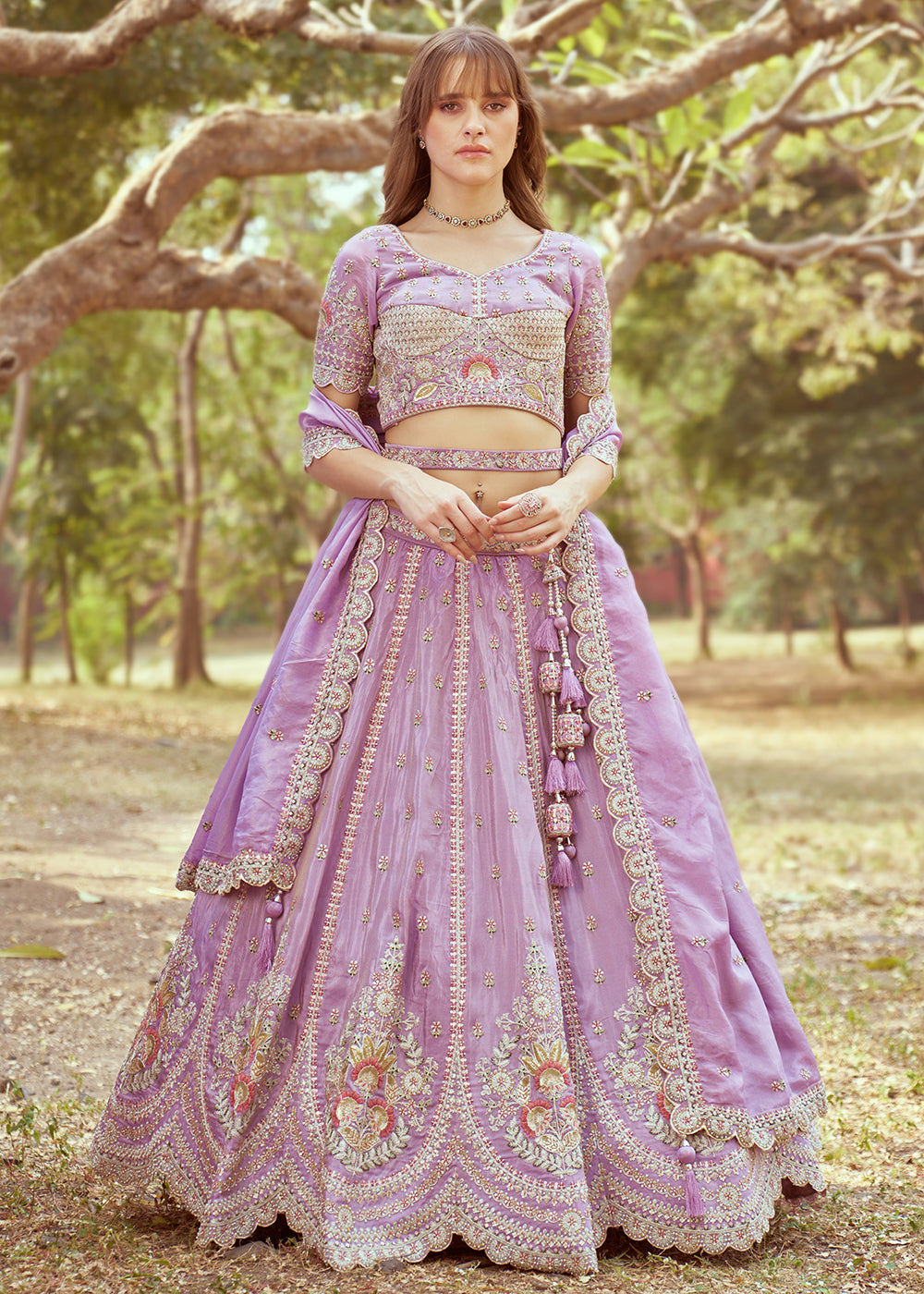 Buy Now Lavender Crushed Tissue Designer Lehenga Choli Online in USA, UK, Canada, UAE, France, Germany & Worldwide at Empress Clothing.