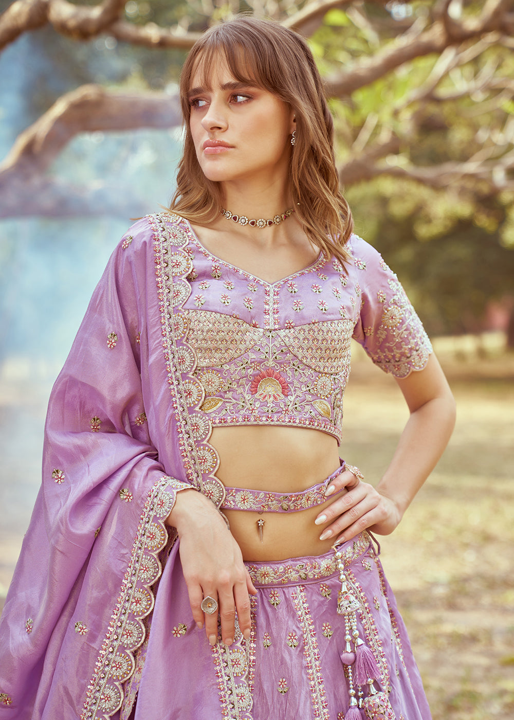 Buy Now Lavender Crushed Tissue Designer Lehenga Choli Online in USA, UK, Canada, UAE, France, Germany & Worldwide at Empress Clothing.