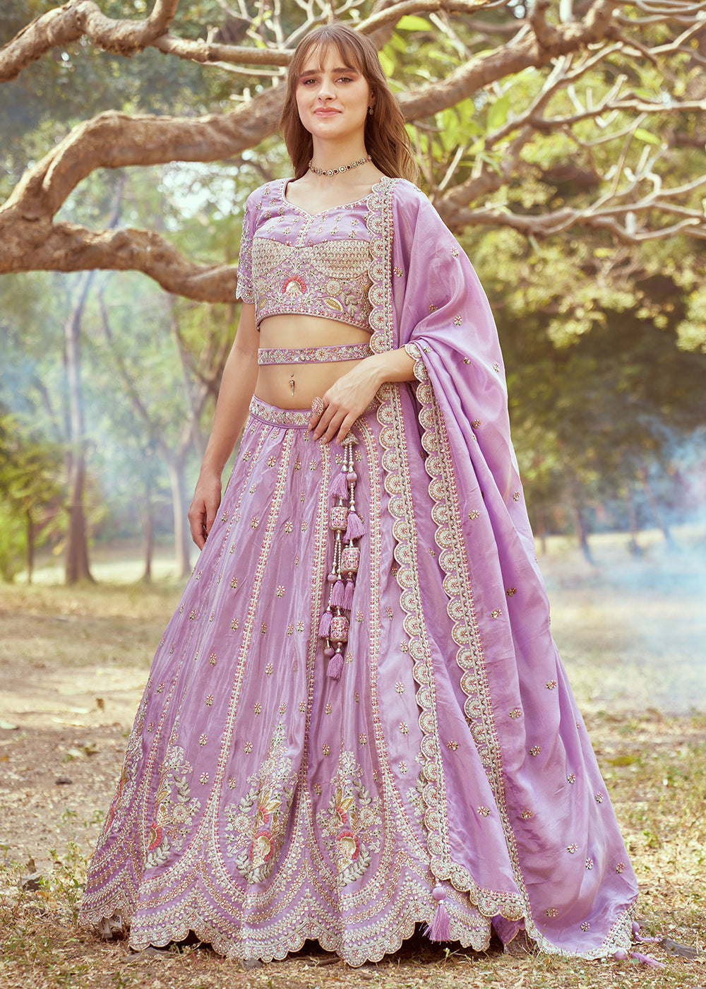 Buy Now Lavender Crushed Tissue Designer Lehenga Choli Online in USA, UK, Canada, UAE, France, Germany & Worldwide at Empress Clothing.