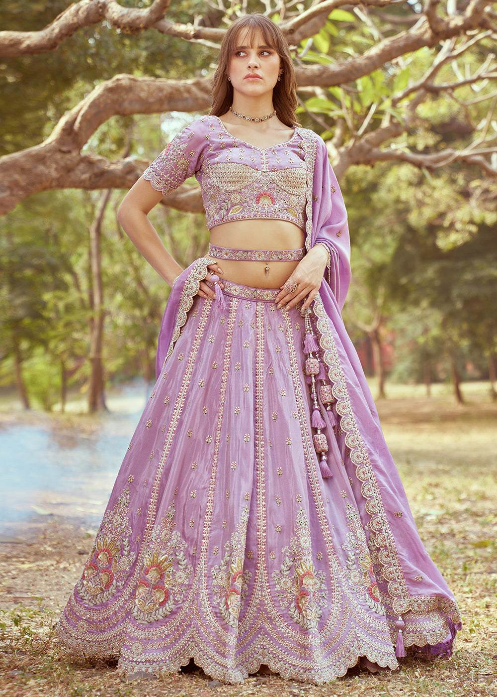 Buy Now Lavender Crushed Tissue Designer Lehenga Choli Online in USA, UK, Canada, UAE, France, Germany & Worldwide at Empress Clothing.