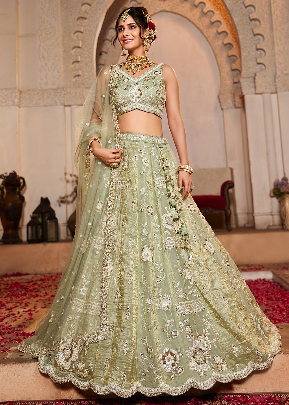 Buy Now Pure Tissue Fabric Lime Green Designer Lehenga Choli Online in USA, UK, Canada, France, Italy, Austria, UAE & Worldwide at Empress Clothing. 