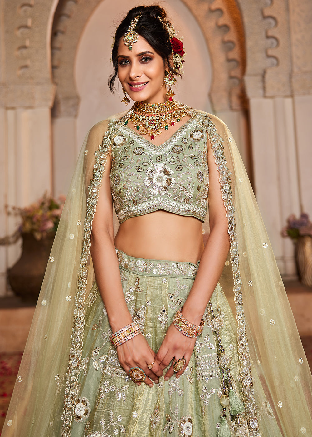 Buy Now Pure Tissue Fabric Lime Green Designer Lehenga Choli Online in USA, UK, Canada, France, Italy, Austria, UAE & Worldwide at Empress Clothing. 