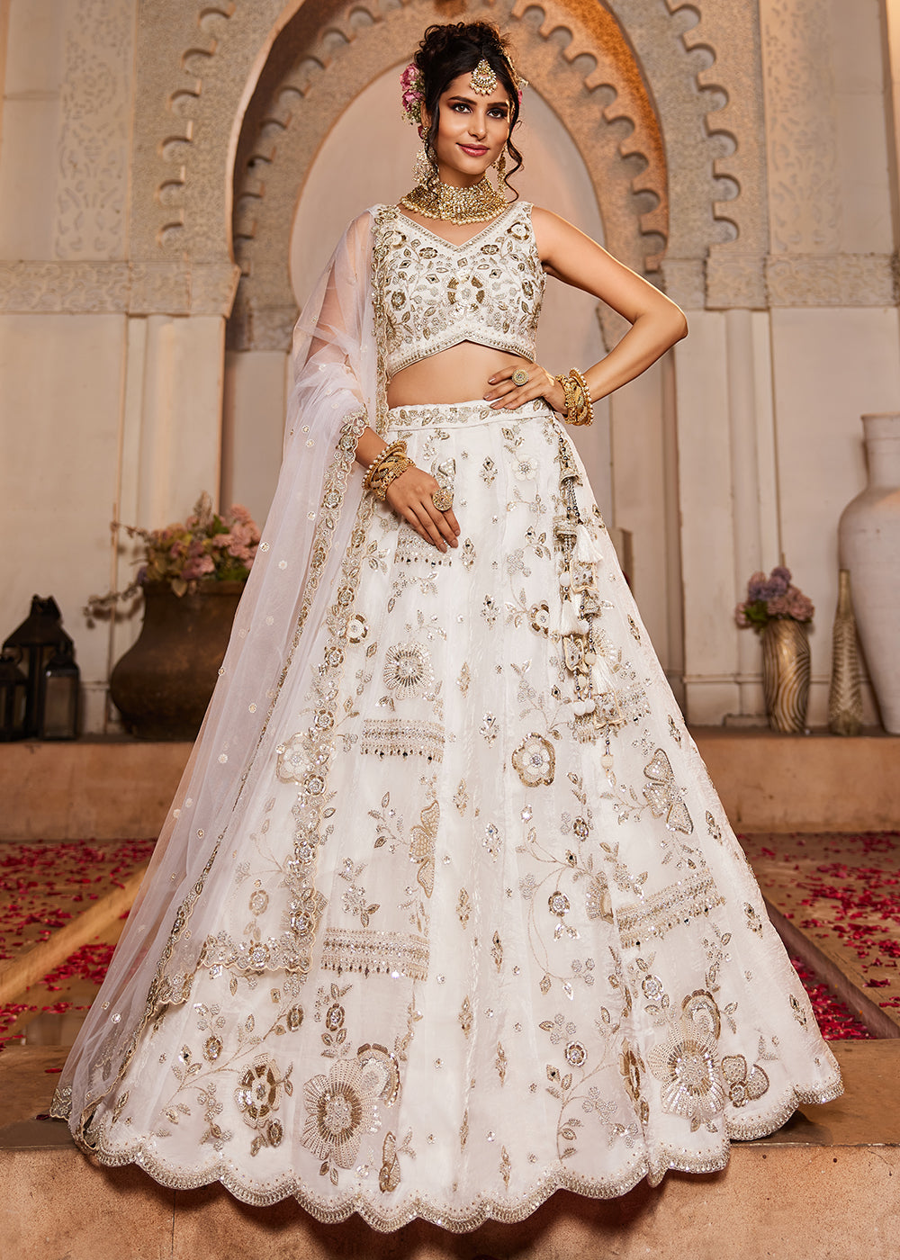 Buy Now Pure Tissue Fabric Off White Designer Lehenga Choli Online in USA, UK, Canada, France, Italy, Austria, UAE & Worldwide at Empress Clothing.