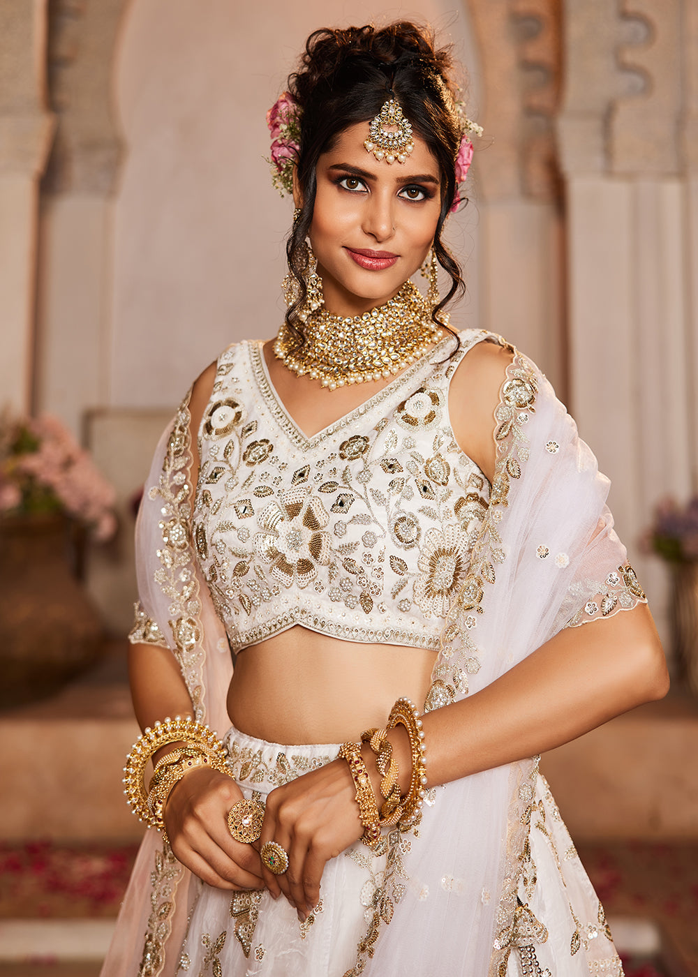 Buy Now Pure Tissue Fabric Off White Designer Lehenga Choli Online in USA, UK, Canada, France, Italy, Austria, UAE & Worldwide at Empress Clothing.