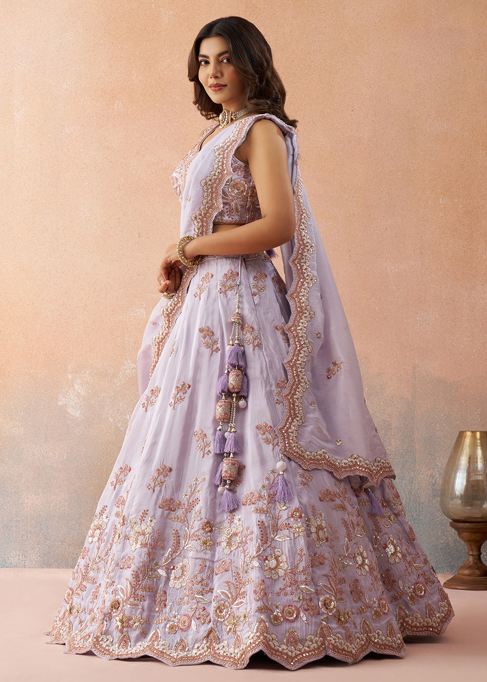 Buy Now Lavender Color Sequins Embroidery Tissue Lehenga Choli Online in US, UK, Canada, France, Italy, Germany, Sweden, Denmark, UAE & Worldwide at Empress.