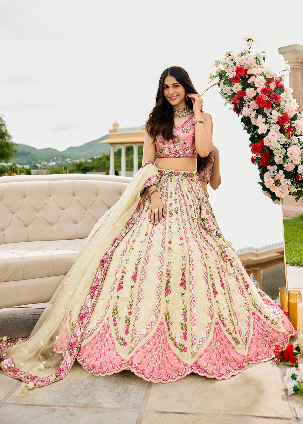 Cream Tissue Fabric Premium Wedding Lehenga Choli