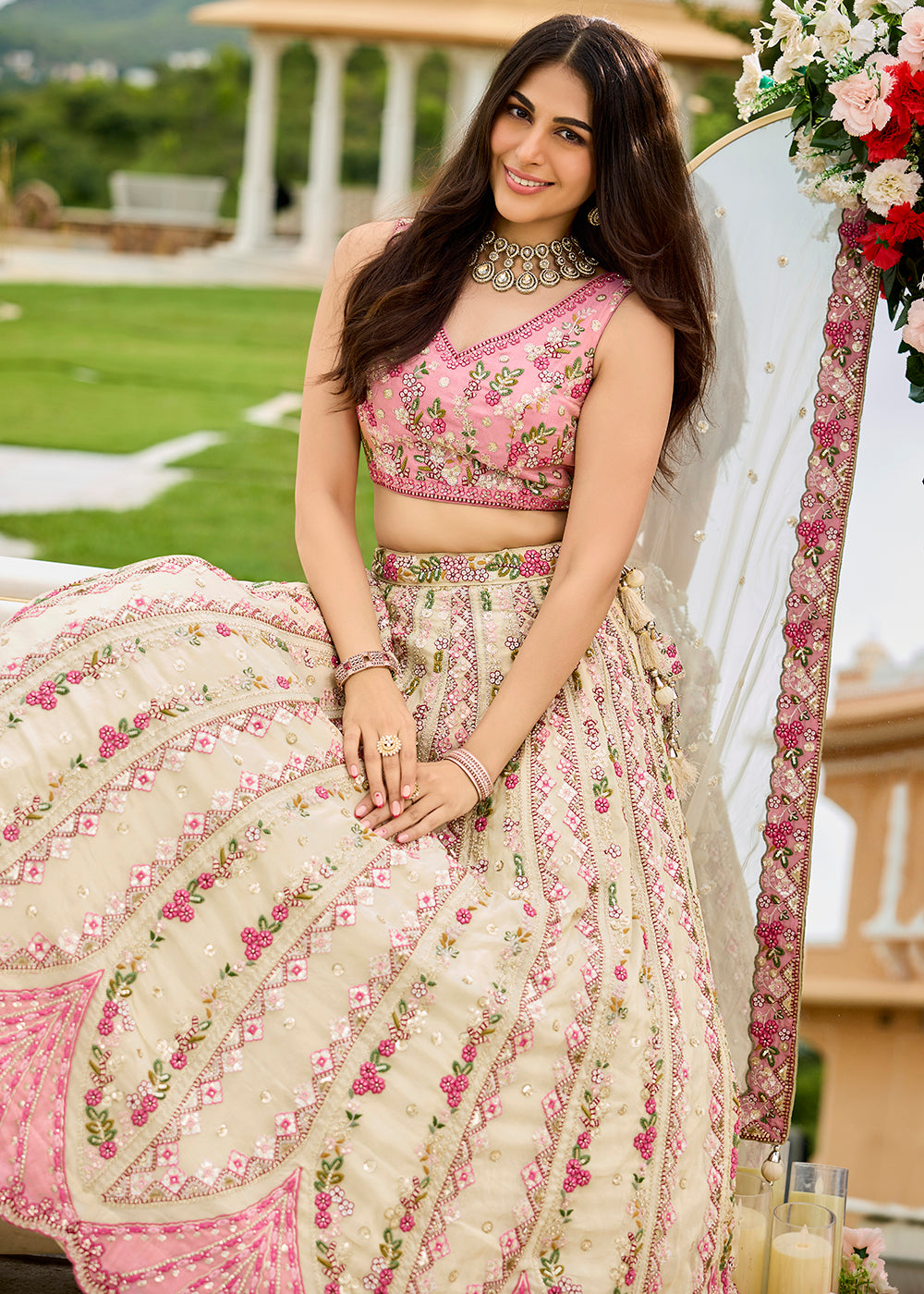 Cream Tissue Fabric Premium Wedding Lehenga Choli