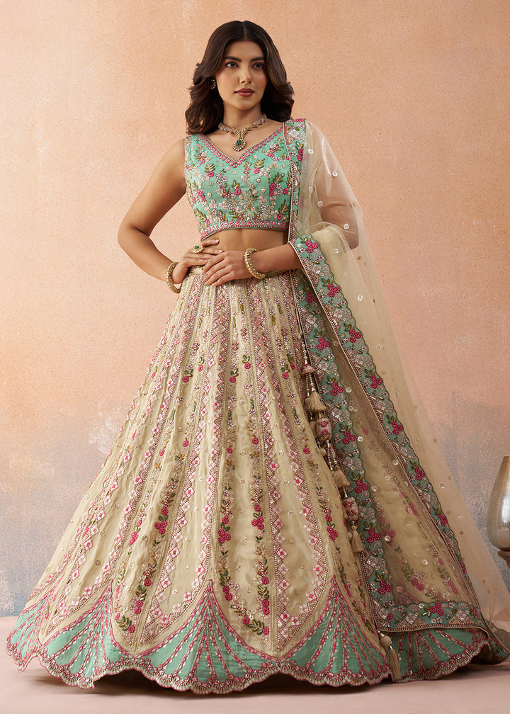 Buy Now Cream & Sky Tissue Fabric Premium Wedding Lehenga Choli Online in US, UK, Canada, France, Italy, Germany, Sweden, Denmark, UAE & Worldwide at Empress.