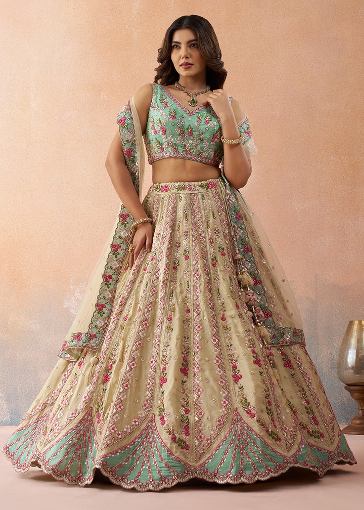 Buy Now Cream & Sky Tissue Fabric Premium Wedding Lehenga Choli Online in US, UK, Canada, France, Italy, Germany, Sweden, Denmark, UAE & Worldwide at Empress.