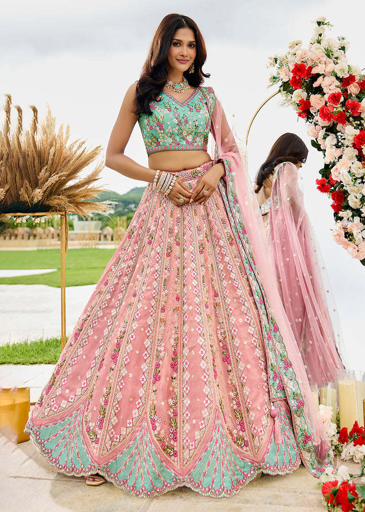 Buy Now Pink Tissue Fabric Premium Wedding Lehenga Choli Online in US, UK, Canada, France, Italy, Germany, Sweden, Denmark, Greece, UAE & Worldwide at Empress.