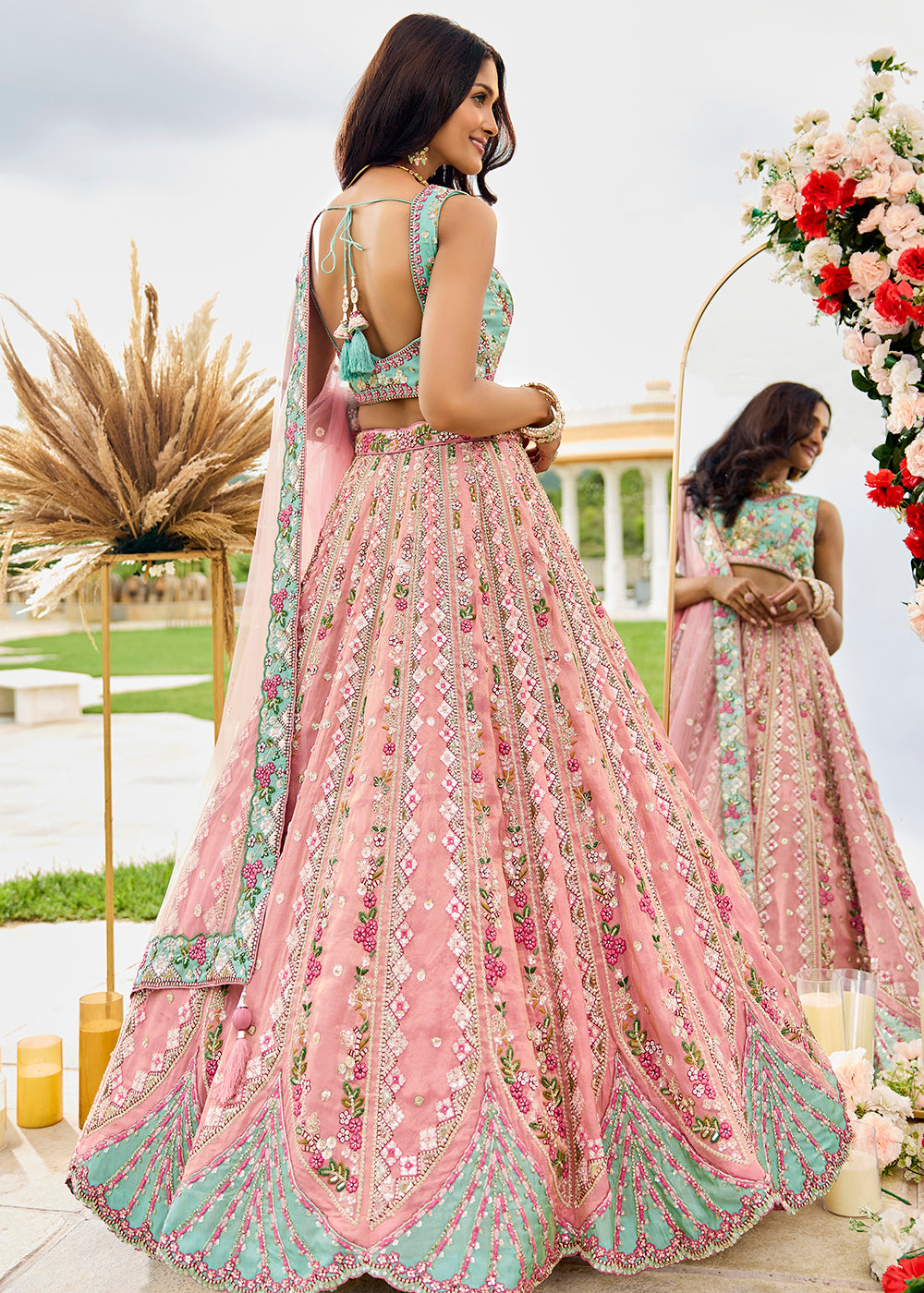 Buy Now Pink Tissue Fabric Premium Wedding Lehenga Choli Online in US, UK, Canada, France, Italy, Germany, Sweden, Denmark, Greece, UAE & Worldwide at Empress.