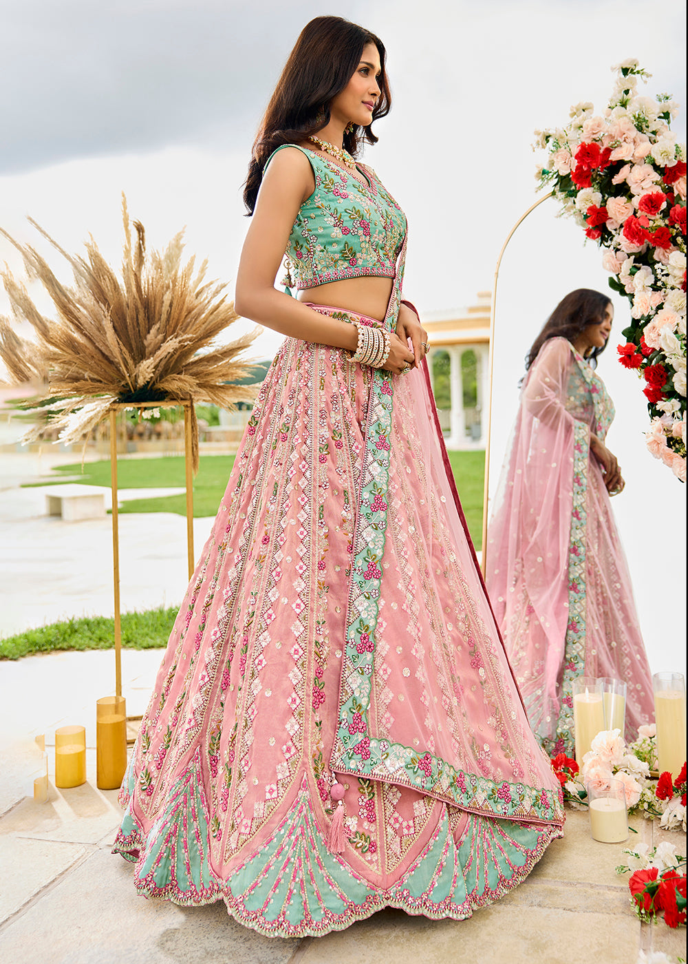 Buy Now Pink Tissue Fabric Premium Wedding Lehenga Choli Online in US, UK, Canada, France, Italy, Germany, Sweden, Denmark, Greece, UAE & Worldwide at Empress.