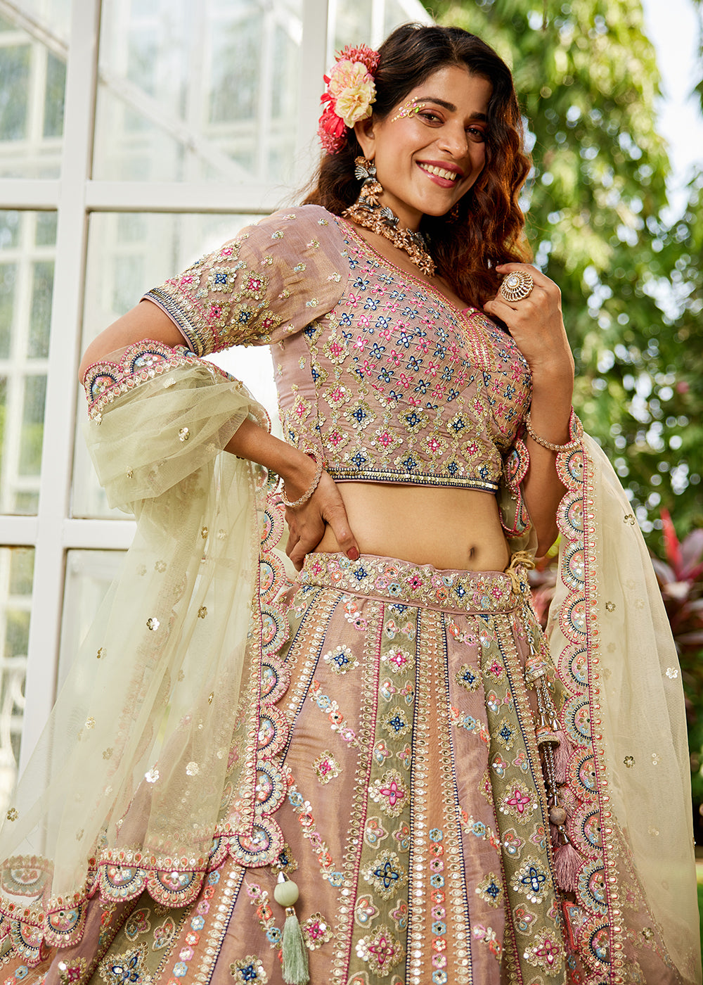 Buy Now Multicolor Lavender Gotapatti Embroidered Bridal Lehenga Choli Online in USA, UK, Canada, France & Worldwide at Empress Clothing. 