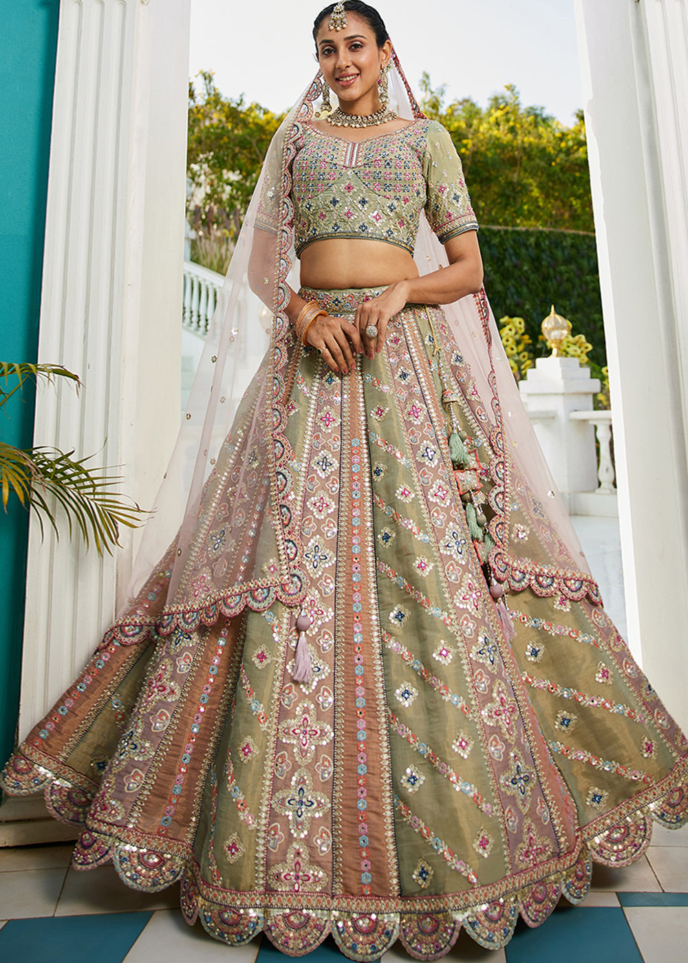 Buy Now Multicolor Green Gotapatti Embroidered Bridal Lehenga Choli Online in USA, UK, Canada, France, UAE & Worldwide at Empress Clothing.