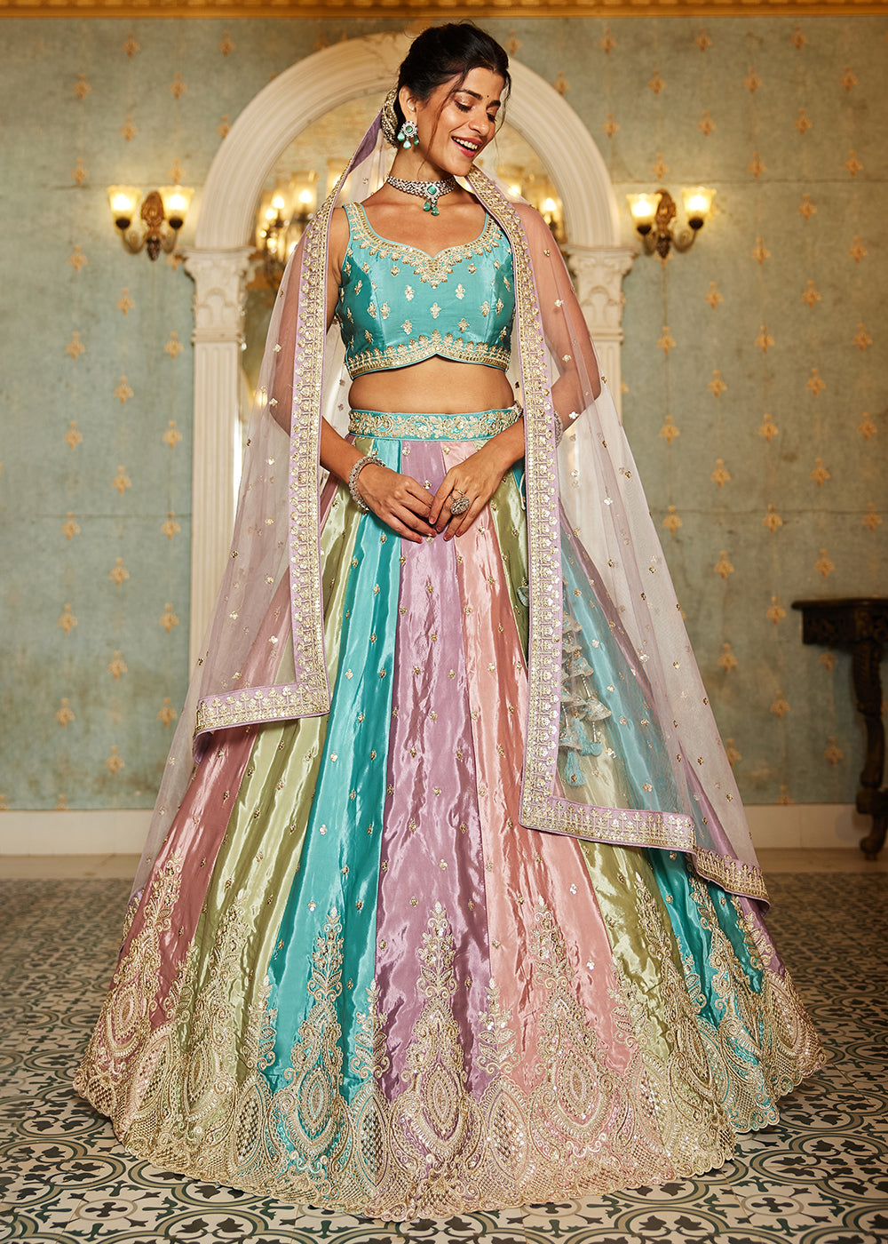 Buy Now Multicolor Lavender Satin Silk Embroidered Wedding Lehenga Choli Online in USA, UK, Canada, France & Worldwide at Empress Clothing. 