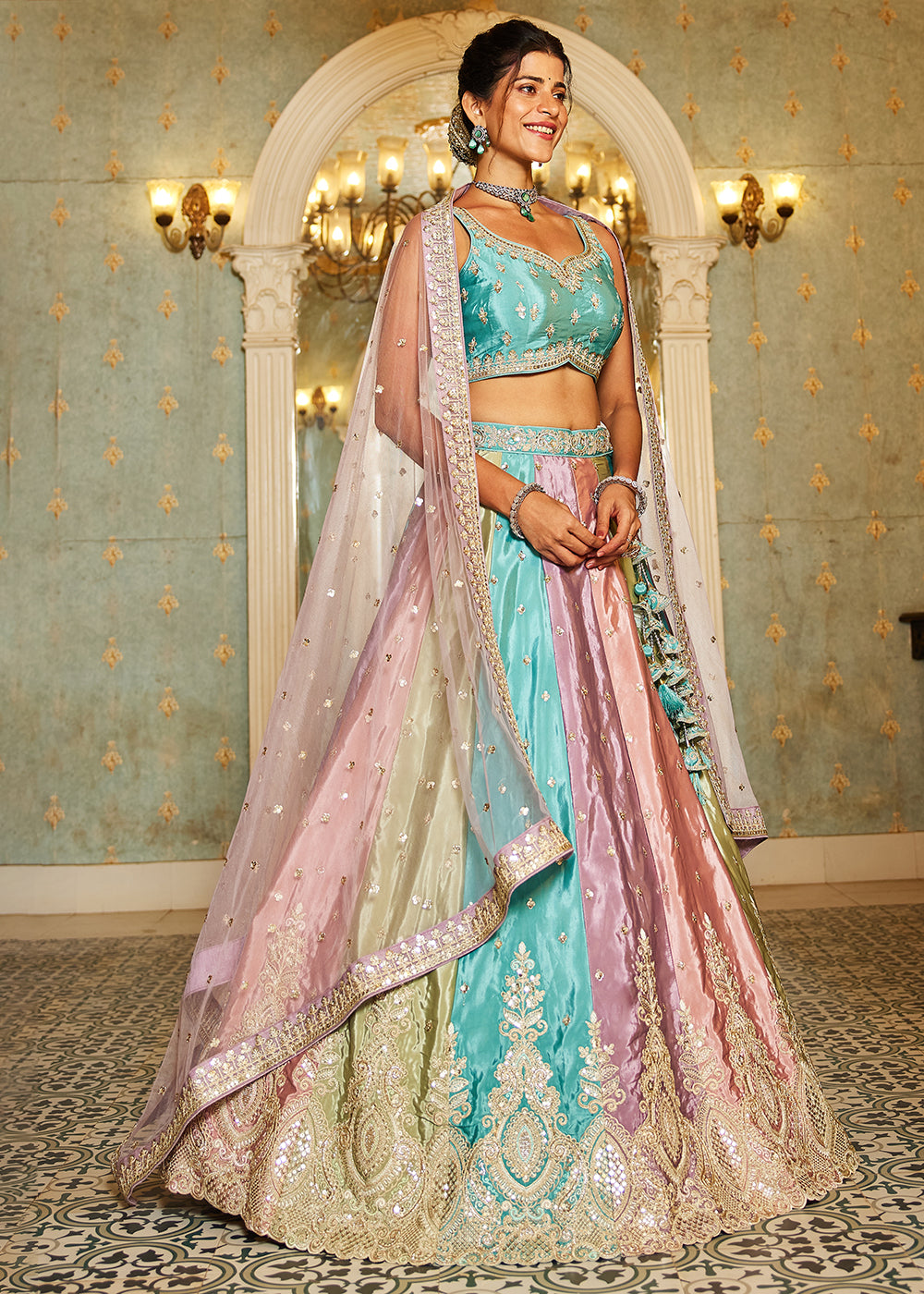 Buy Now Multicolor Lavender Satin Silk Embroidered Wedding Lehenga Choli Online in USA, UK, Canada, France & Worldwide at Empress Clothing. 