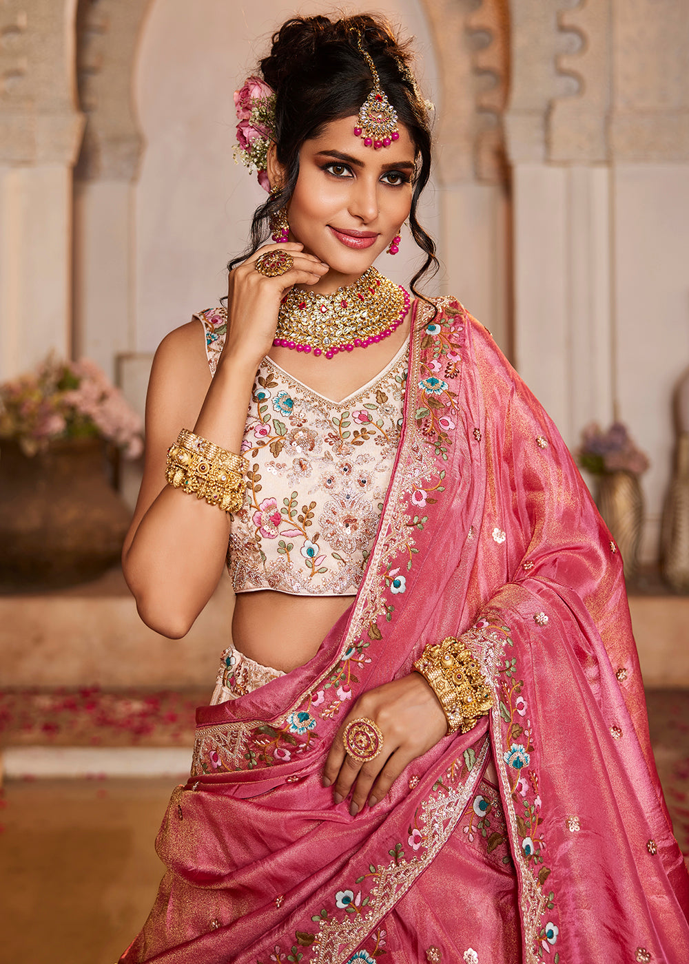 Buy Now Cream & Pink Heavy Embroidered Wedding Lehenga Choli Online in USA, UK, Canada, France, Italy, Germany, Austria, UAE & Worldwide at Empress Clothing.