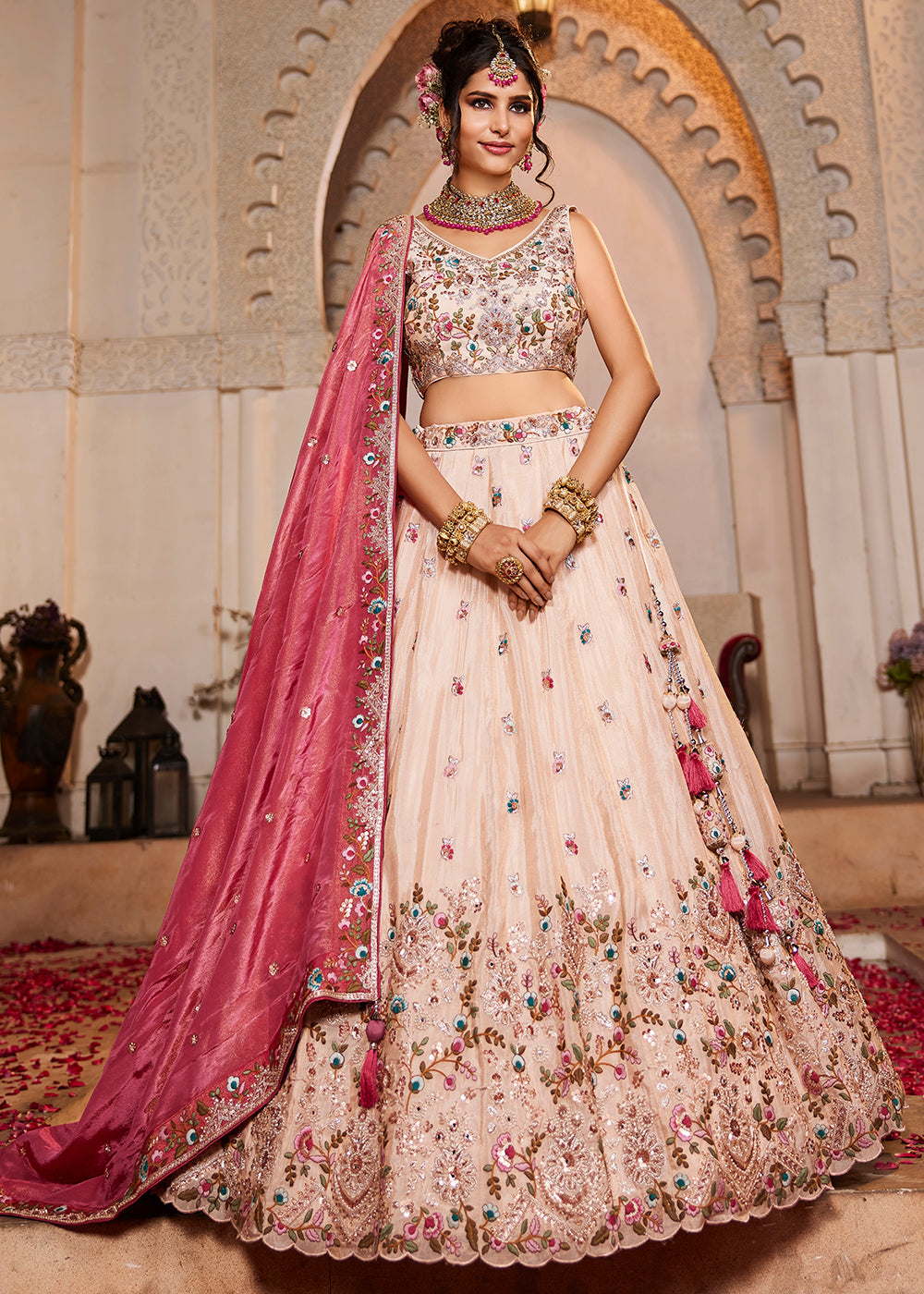 Buy Now Cream & Pink Heavy Embroidered Wedding Lehenga Choli Online in USA, UK, Canada, France, Italy, Germany, Austria, UAE & Worldwide at Empress Clothing.