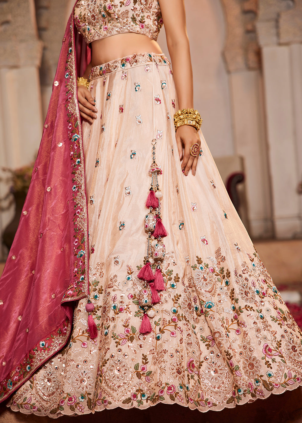 Buy Now Cream & Pink Heavy Embroidered Wedding Lehenga Choli Online in USA, UK, Canada, France, Italy, Germany, Austria, UAE & Worldwide at Empress Clothing.