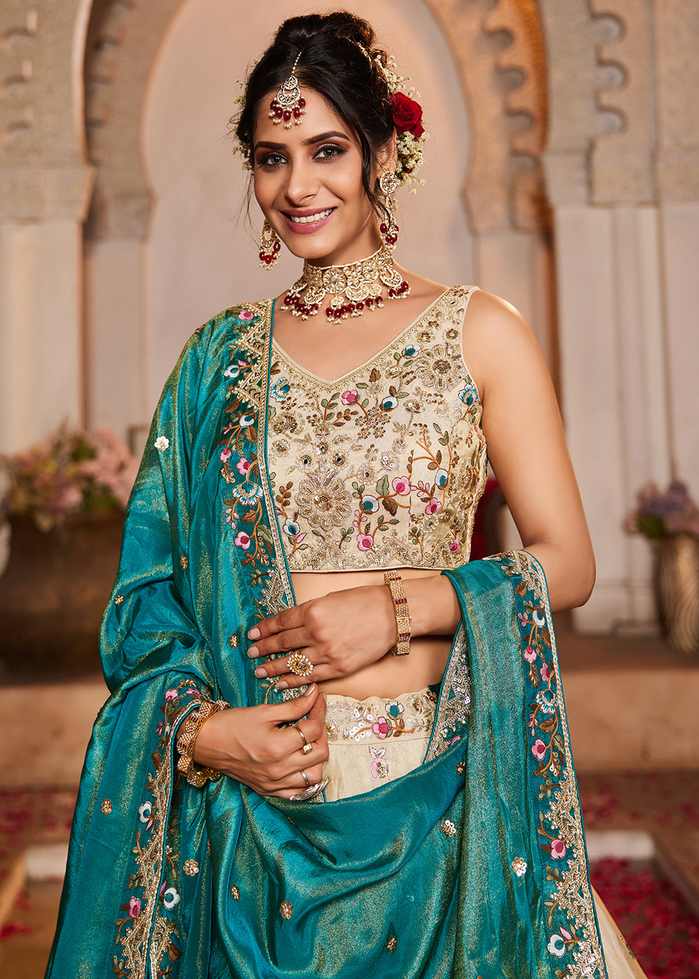 Buy Now Cream & Teal Heavy Embroidered Wedding Lehenga Choli Online in USA, UK, Canada, France, Italy, Germany, Austria, UAE & Worldwide at Empress Clothing.