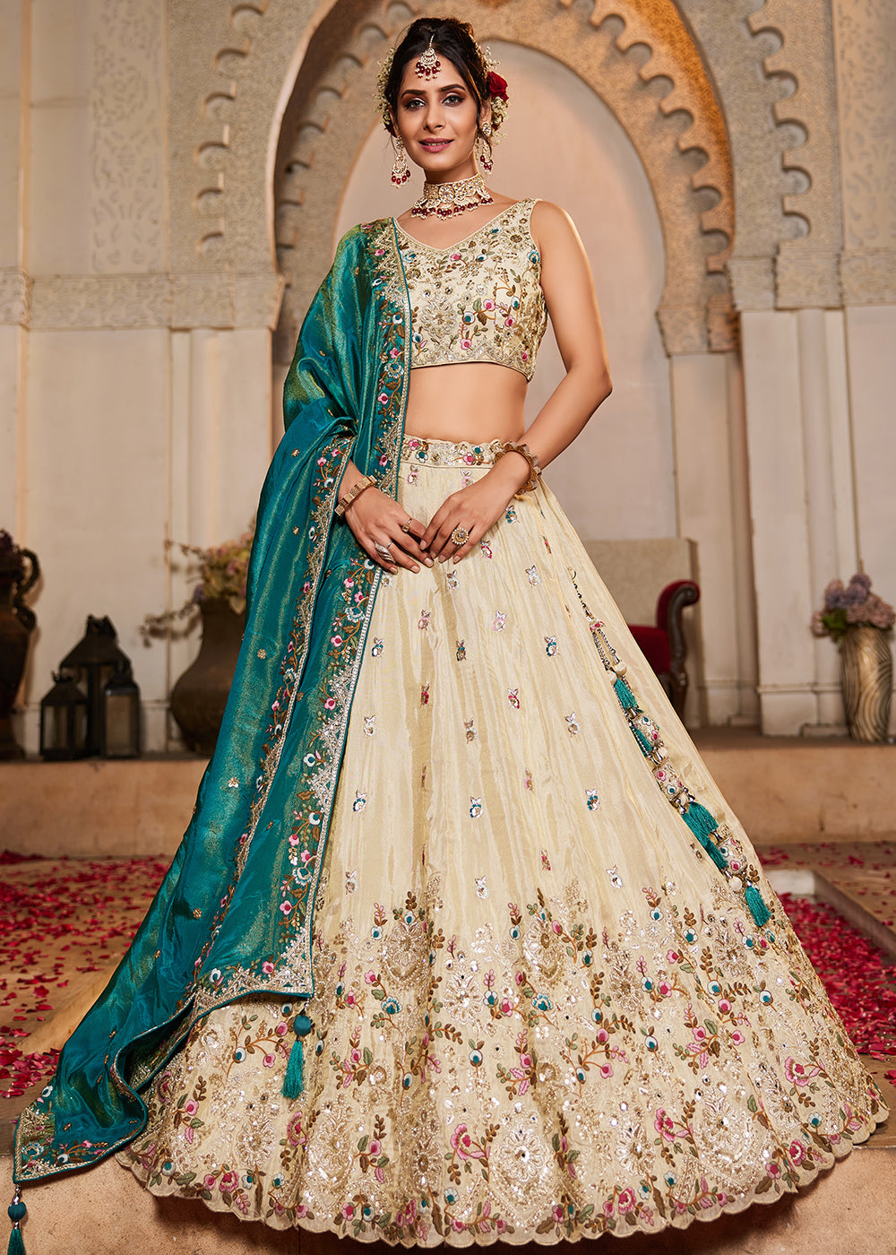 Buy Now Cream & Teal Heavy Embroidered Wedding Lehenga Choli Online in USA, UK, Canada, France, Italy, Germany, Austria, UAE & Worldwide at Empress Clothing.