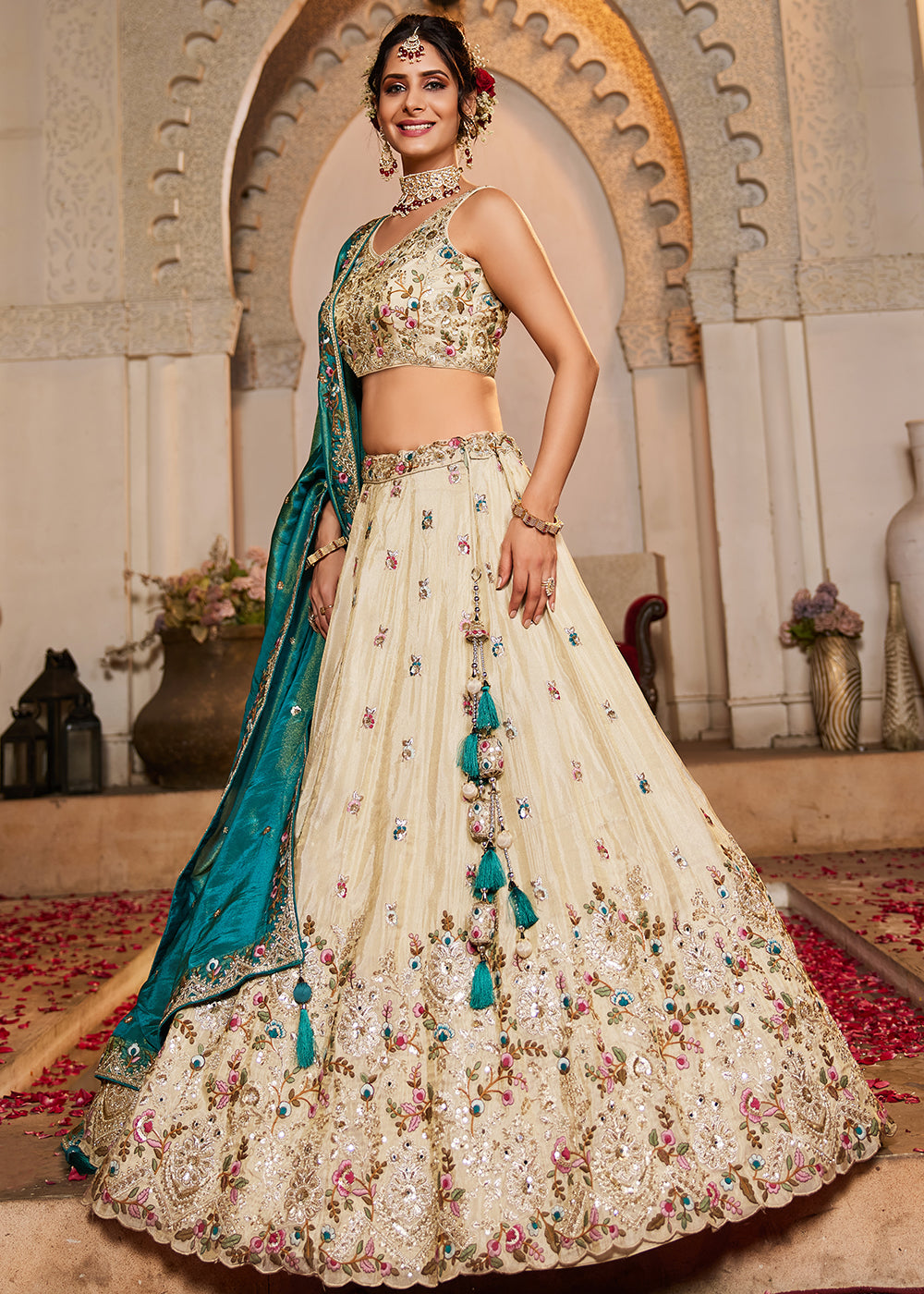 Buy Now Cream & Teal Heavy Embroidered Wedding Lehenga Choli Online in USA, UK, Canada, France, Italy, Germany, Austria, UAE & Worldwide at Empress Clothing.