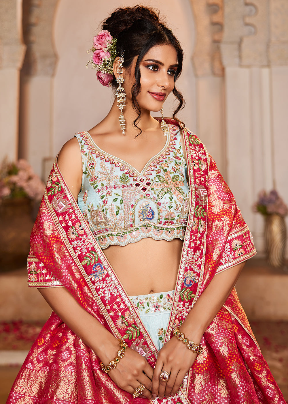 Buy Now Blue Tissue Mirror Embroidered Designer Lehenga Choli Online in USA, UK, Canada, France, Italy, Germany, Austria, UAE & Worldwide at Empress Clothing.