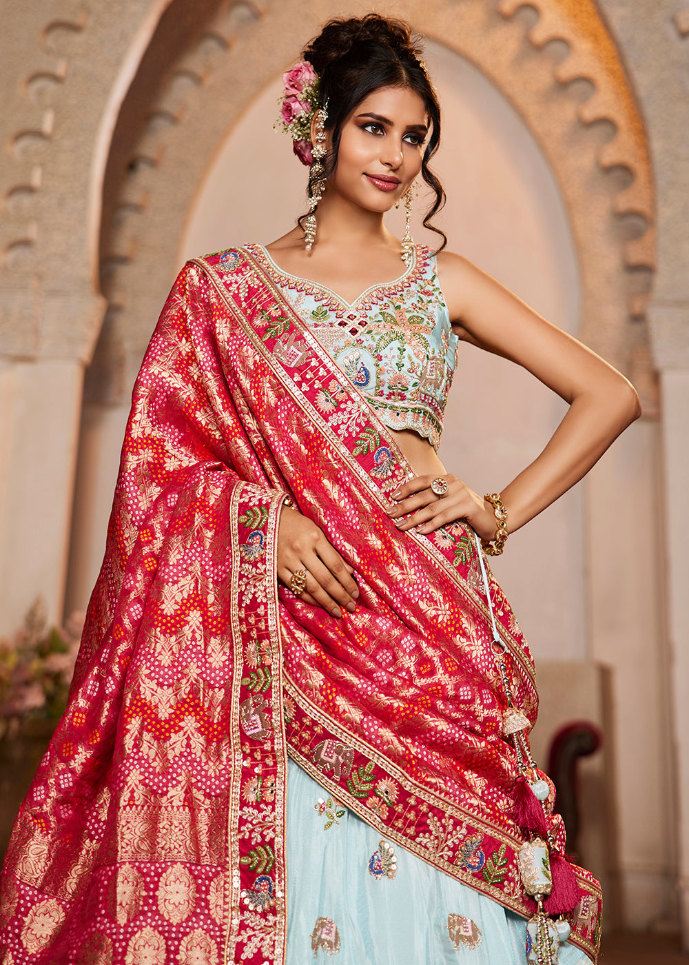 Buy Now Blue Tissue Mirror Embroidered Designer Lehenga Choli Online in USA, UK, Canada, France, Italy, Germany, Austria, UAE & Worldwide at Empress Clothing.