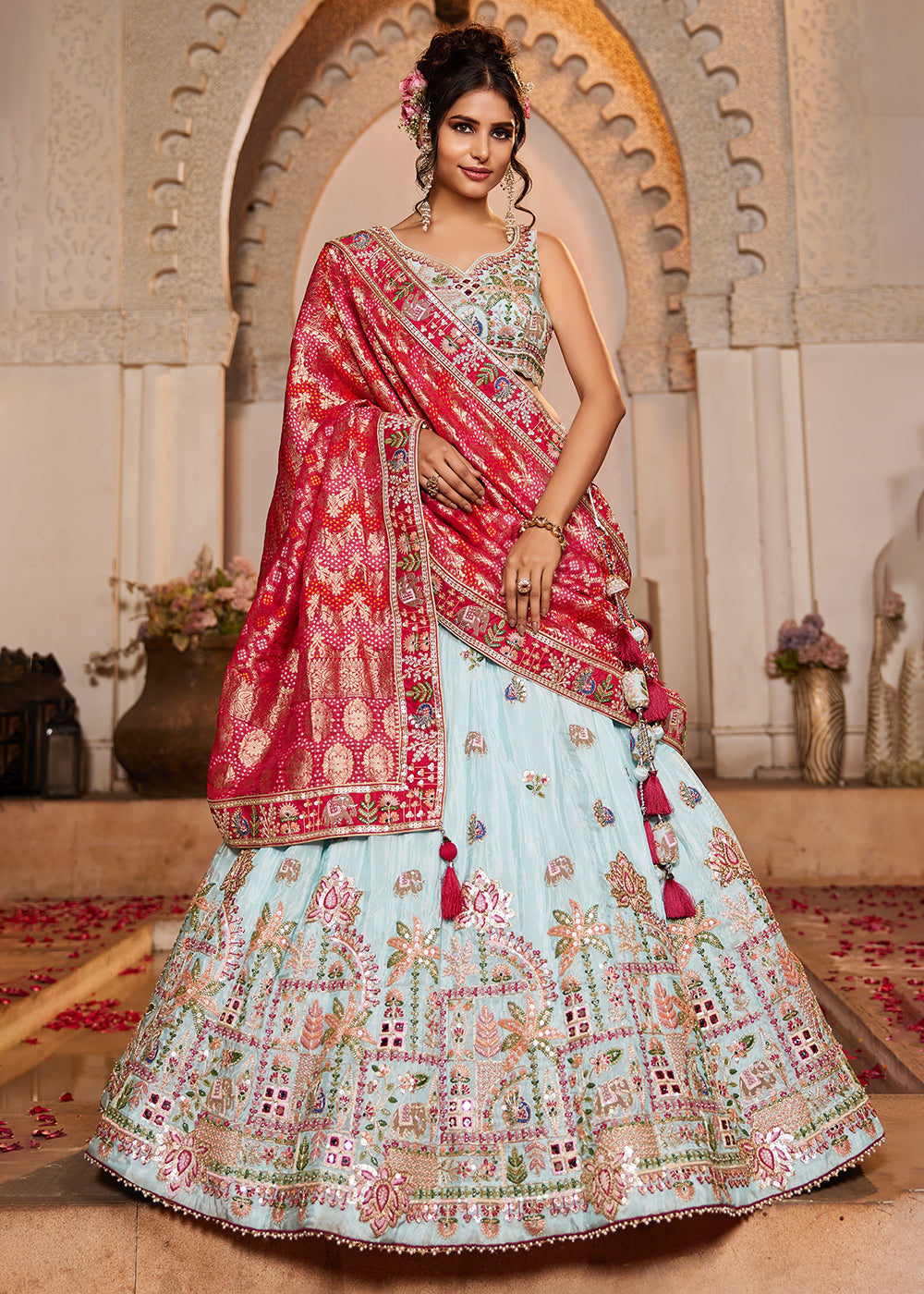 Buy Now Blue Tissue Mirror Embroidered Designer Lehenga Choli Online in USA, UK, Canada, France, Italy, Germany, Austria, UAE & Worldwide at Empress Clothing.