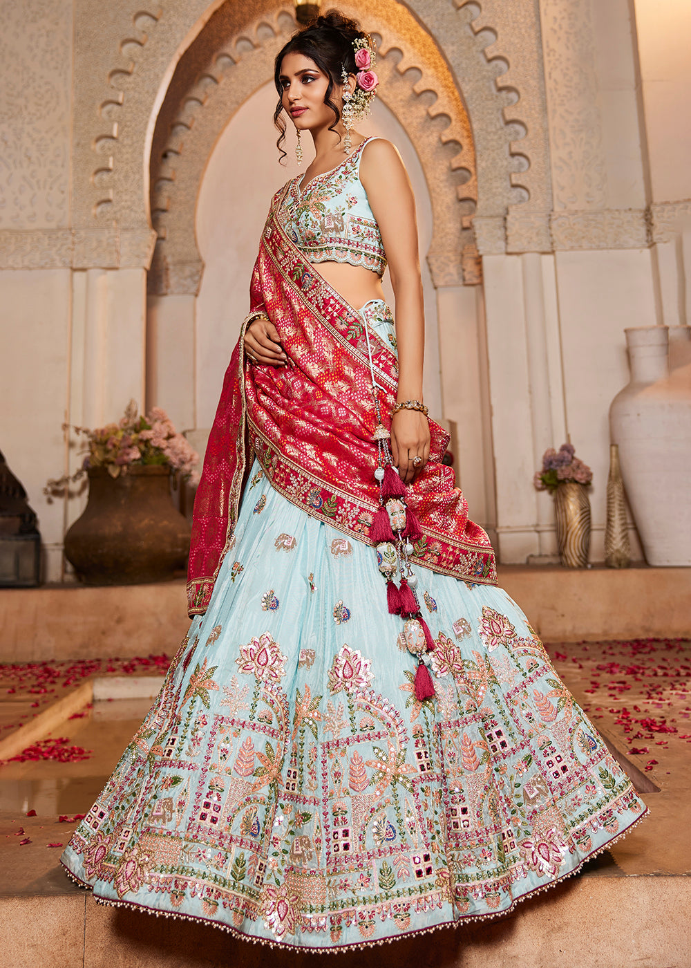 Buy Now Blue Tissue Mirror Embroidered Designer Lehenga Choli Online in USA, UK, Canada, France, Italy, Germany, Austria, UAE & Worldwide at Empress Clothing.