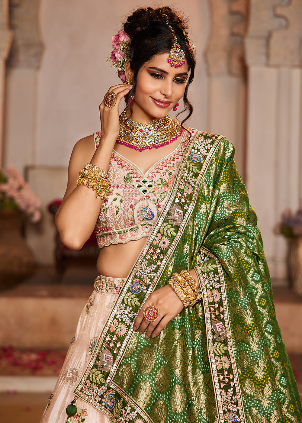 Buy Now Peach Tissue Mirror Embroidered Designer Lehenga Choli Online in USA, UK, Canada, France, Italy, Germany, Austria, UAE & Worldwide at Empress Clothing.