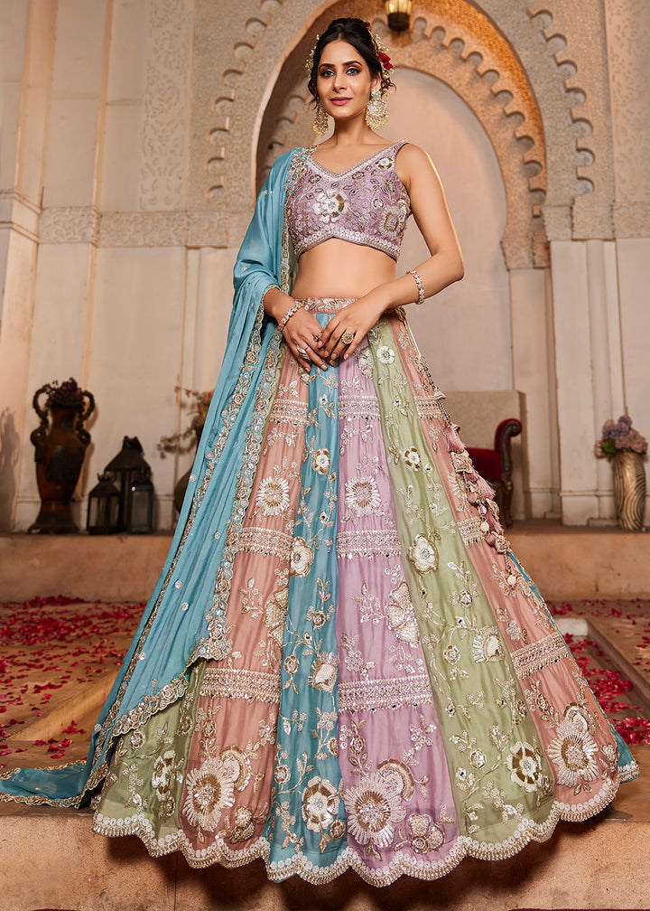 Buy Now Multicolor Turquoise Pure Georgette Wedding Lehenga Choli Online in USA, UK, Canada, France, Italy, Germany, UAE & Worldwide at Empress Clothing.
