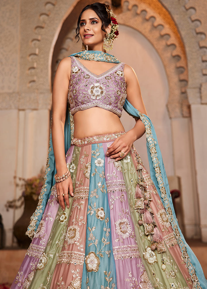 Buy Now Multicolor Turquoise Pure Georgette Wedding Lehenga Choli Online in USA, UK, Canada, France, Italy, Germany, UAE & Worldwide at Empress Clothing.