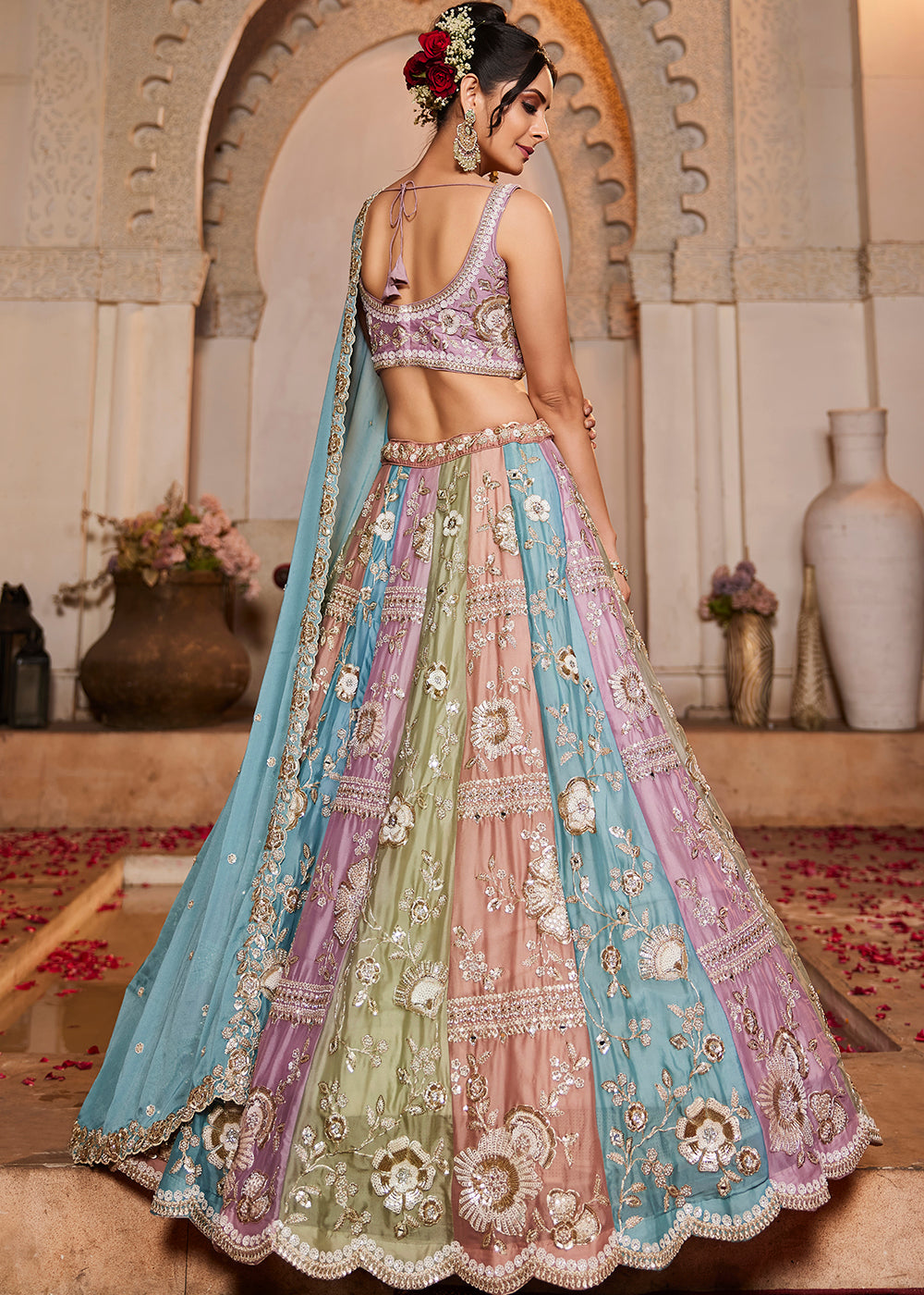 Buy Now Multicolor Turquoise Pure Georgette Wedding Lehenga Choli Online in USA, UK, Canada, France, Italy, Germany, UAE & Worldwide at Empress Clothing.