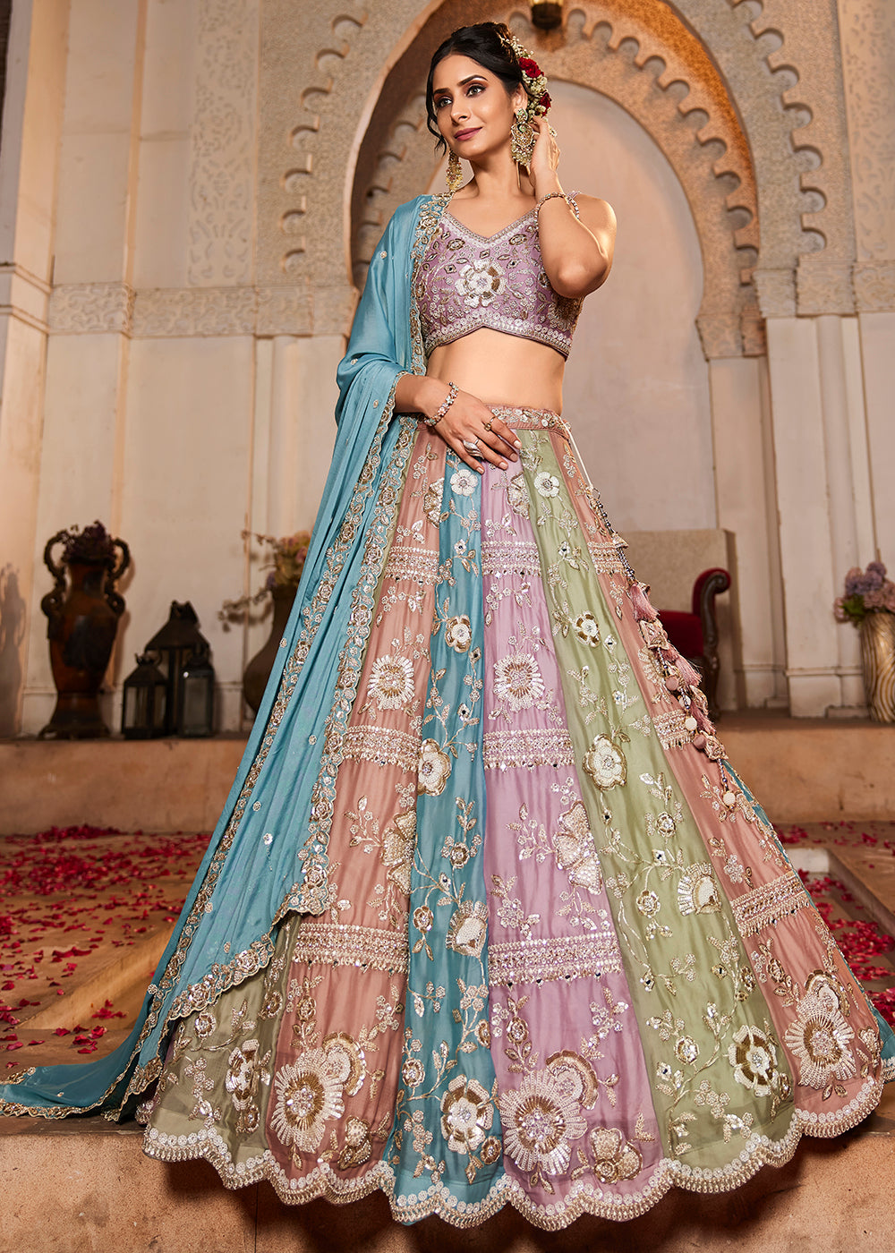 Buy Now Multicolor Turquoise Pure Georgette Wedding Lehenga Choli Online in USA, UK, Canada, France, Italy, Germany, UAE & Worldwide at Empress Clothing.