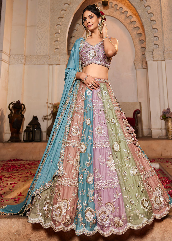 Buy Now Multicolor Turquoise Pure Georgette Wedding Lehenga Choli Online in USA, UK, Canada, France, Italy, Germany, UAE & Worldwide at Empress Clothing.