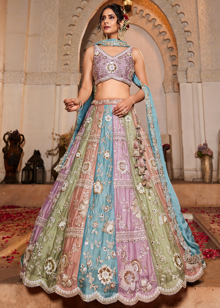 Buy Now Multicolor Turquoise Pure Georgette Wedding Lehenga Choli Online in USA, UK, Canada, France, Italy, Germany, UAE & Worldwide at Empress Clothing.