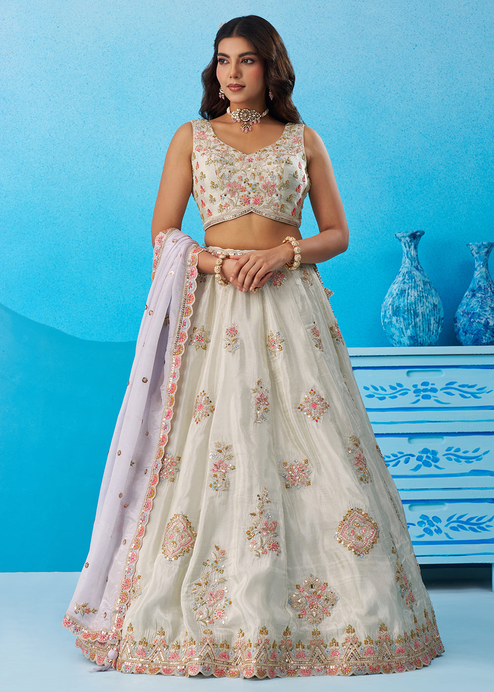 Buy Now Green Tissue Sequins & Zari Embroidery Lehenga Choli Online in US, UK, Canada, France, Italy, Germany, Sweden, Denmark, UAE & Worldwide at Empress.