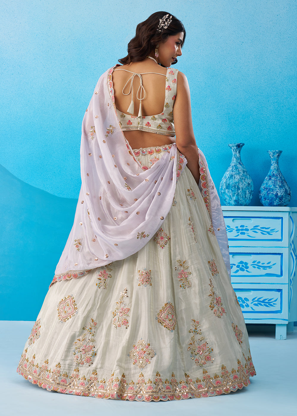 Buy Now Green Tissue Sequins & Zari Embroidery Lehenga Choli Online in US, UK, Canada, France, Italy, Germany, Sweden, Denmark, UAE & Worldwide at Empress.