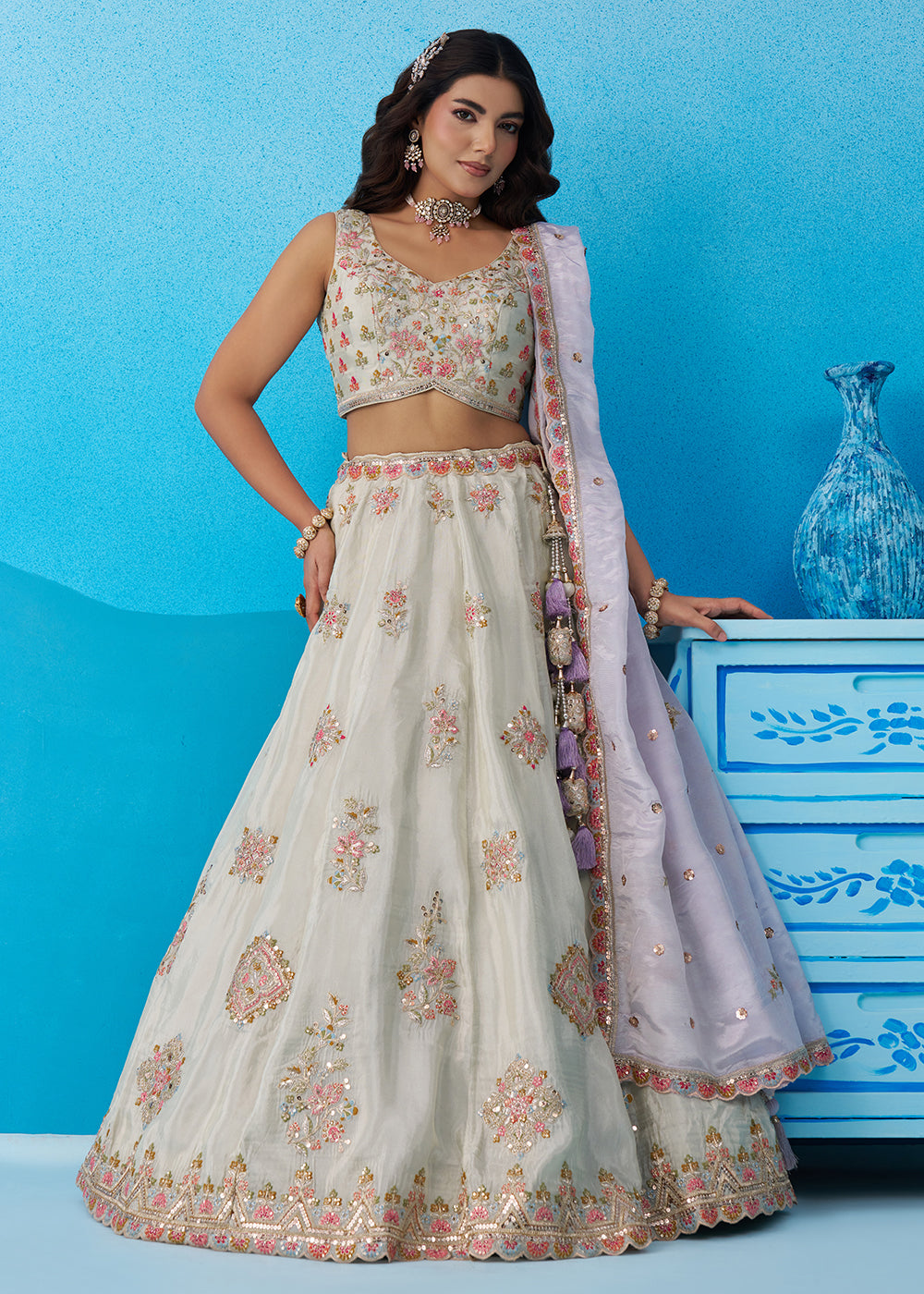 Buy Now Green Tissue Sequins & Zari Embroidery Lehenga Choli Online in US, UK, Canada, France, Italy, Germany, Sweden, Denmark, UAE & Worldwide at Empress.