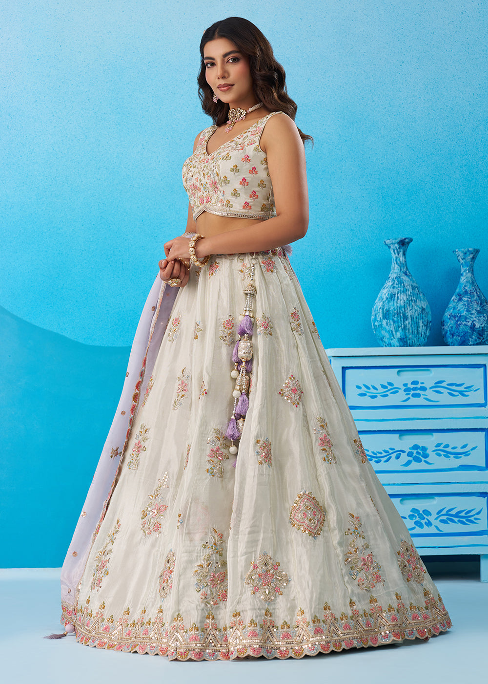 Buy Now Green Tissue Sequins & Zari Embroidery Lehenga Choli Online in US, UK, Canada, France, Italy, Germany, Sweden, Denmark, UAE & Worldwide at Empress.