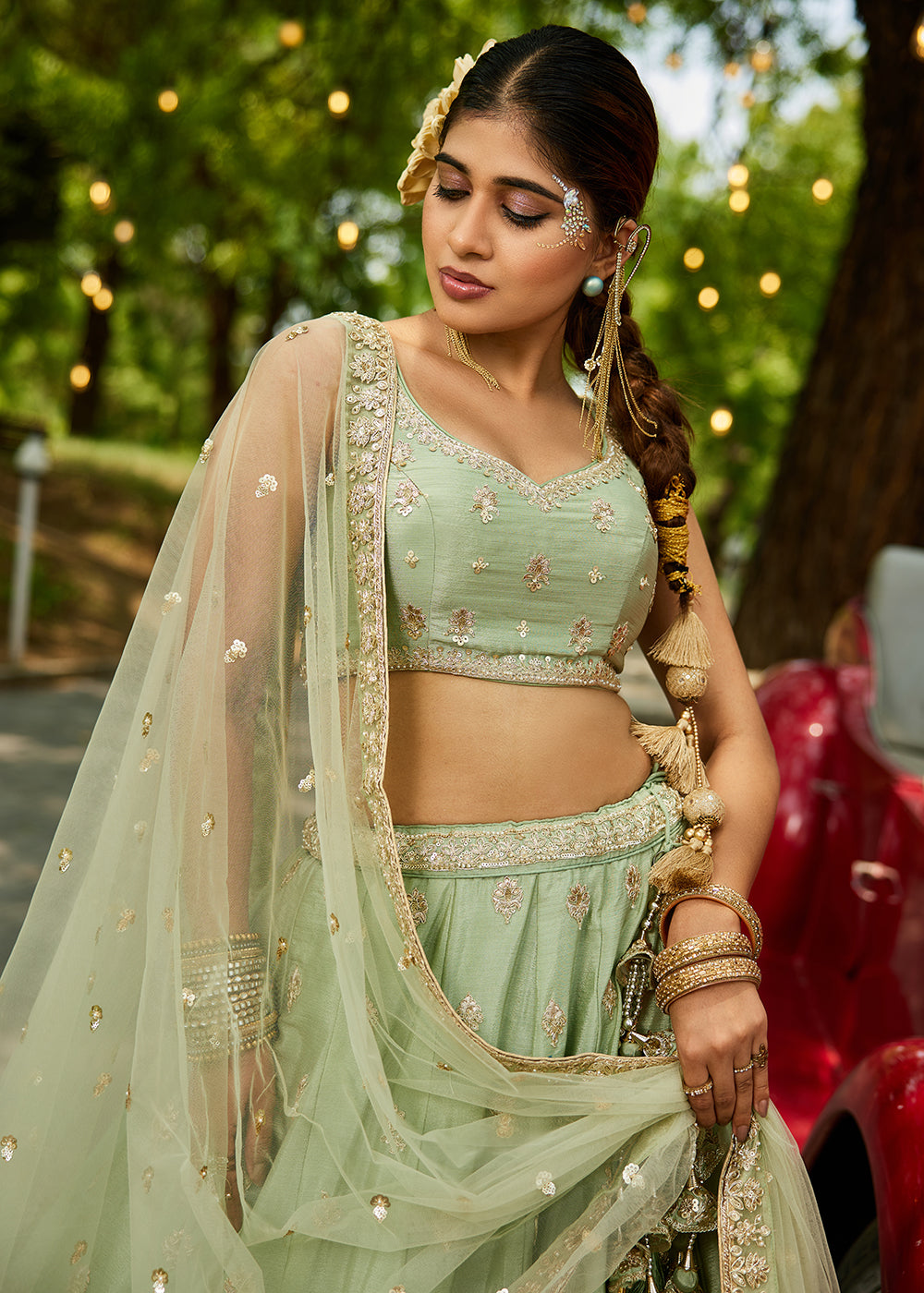 Buy Now Wedding Wear Lime Green Chiffon Embroidered Lehenga Choli Online in USA, UK, Canada, France, Italy, Germany, UAE & Worldwide at Empress Clothing.