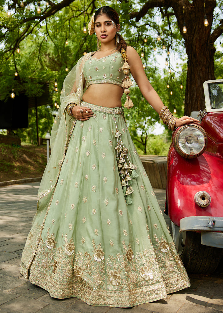 Buy Now Wedding Wear Lime Green Chiffon Embroidered Lehenga Choli Online in USA, UK, Canada, France, Italy, Germany, UAE & Worldwide at Empress Clothing.