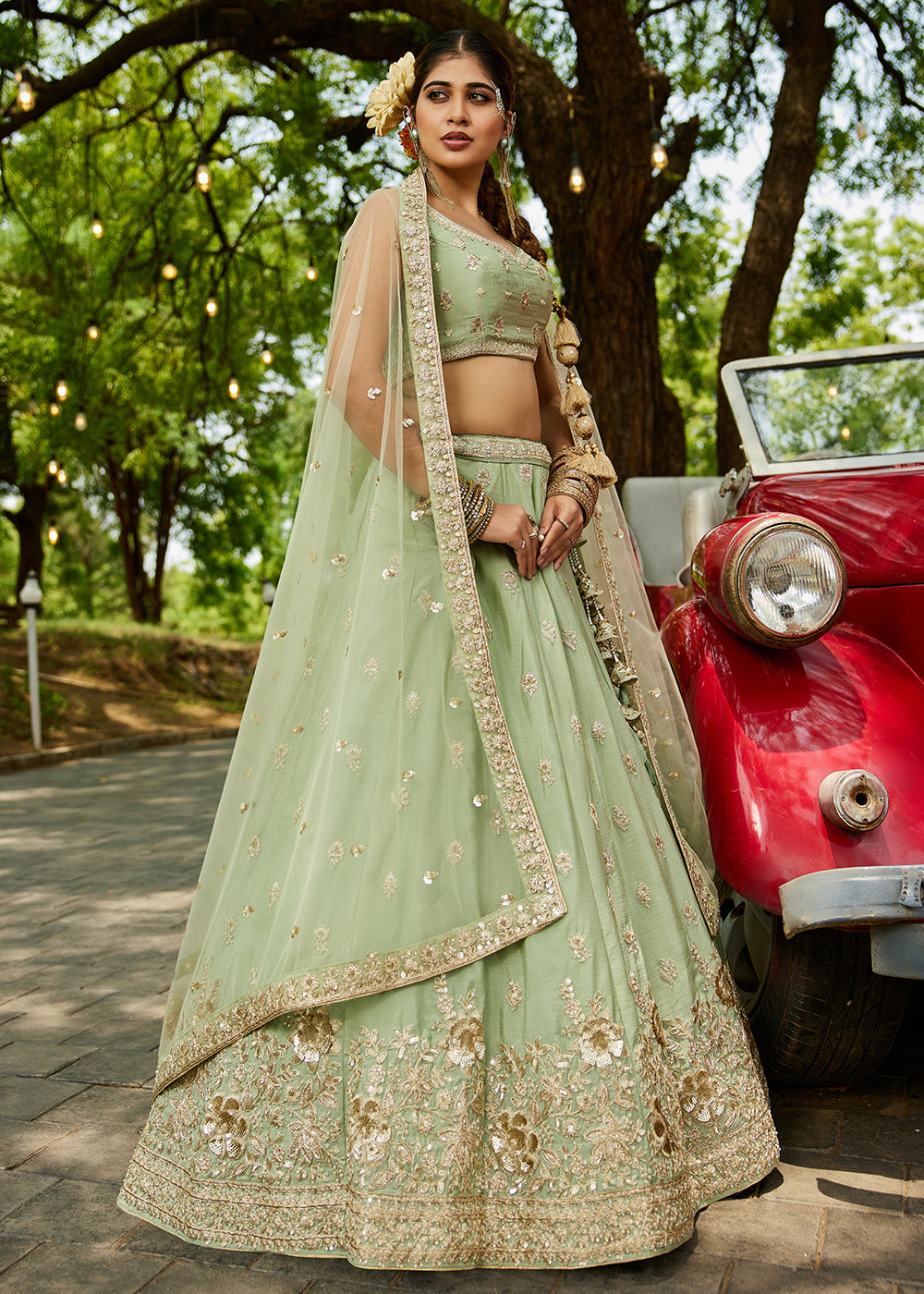 Buy Now Wedding Wear Lime Green Chiffon Embroidered Lehenga Choli Online in USA, UK, Canada, France, Italy, Germany, UAE & Worldwide at Empress Clothing.