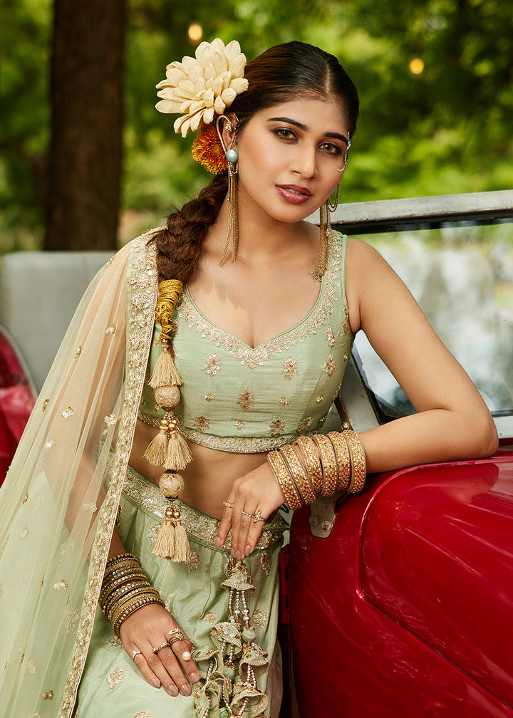 Buy Now Wedding Wear Lime Green Chiffon Embroidered Lehenga Choli Online in USA, UK, Canada, France, Italy, Germany, UAE & Worldwide at Empress Clothing.